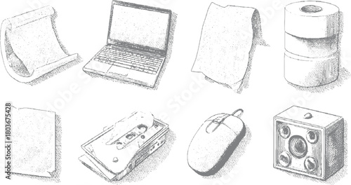 Collection of vintage and modern office and technology objects in sketch style scroll paper