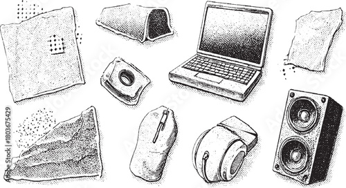 Collection of black and white illustrations of computer peripherals and audio equipment laptop mouse