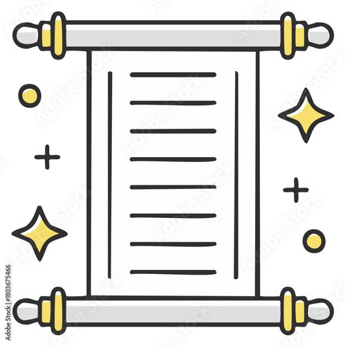 Ancient parchment scroll with written words and decorative sparkle illustration