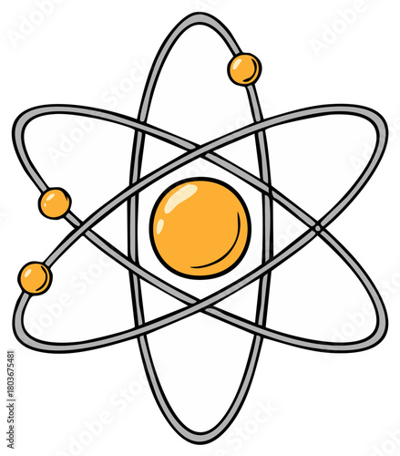 Stylized atom with nucleus and orbiting electrons graphic illustration