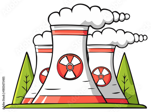 Cartoon illustration of a nuclear power plant with three cooling towers emitting smoke and radiation signs