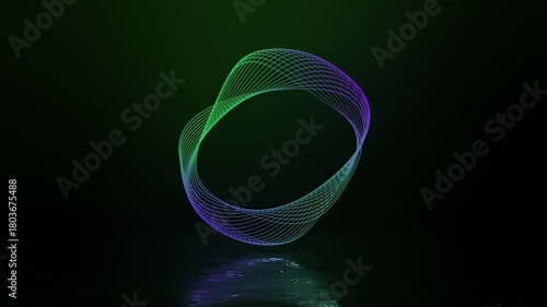artificial intelligence circle wave animation glowing purple and green lines with reflecting floor on dark background, abstract vibrant shape virtual assistant technology video