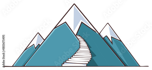 Stylized mountain range illustration with snowcapped peaks and winding steps to the summit