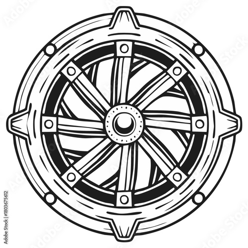 Stylized black and white graphic of a circular nautical ship's steering wheel with thick spokes and bolted rim