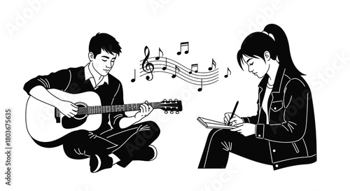 Creative duo composing music together with guitar and songwriting
