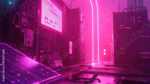 Futuristic cyberpunk alley at night with neon lighting and solar panel