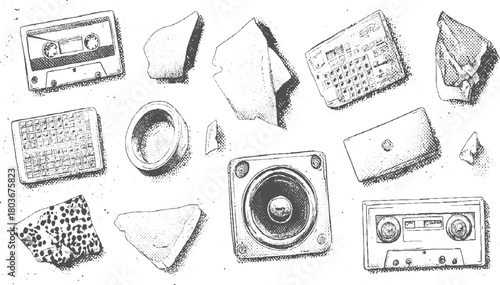 Collection of vintage audio equipment and broken fragments in a sketch style cassette tape