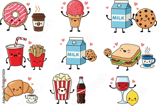 Cute food characters, anthropomorphic snacks, smiling drinks, cartoon style, friendship theme, hearts, isolated, playful design, kids illustration, fun