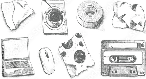 Hand drawn sketch of vintage and modern objects including laptop cassette tape washing machine and crumpled paper