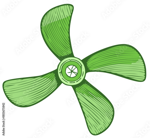 Hand drawn illustration of a green four blade fan or propeller