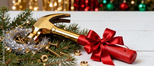 A golden hammer with a red bow as a Christmas gift for a handyman. Construction tool on fir branches with festive holiday decorations. Creative DIY and home improvement concept with copy space