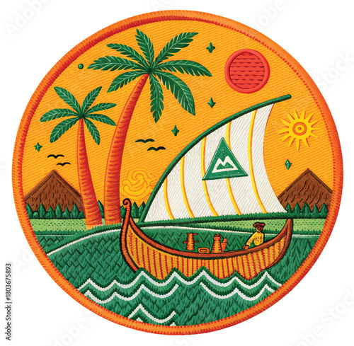Vibrant tropical island scene with traditional sailboat navigating azure waters under a warm sun and palm trees