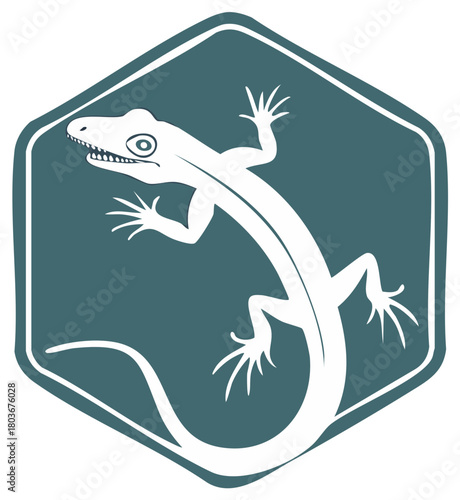 Stylized white gecko silhouette against a hexagon shape background