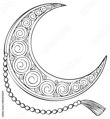 Crescent moon with ornamental patterns and prayer beads in line art style.
