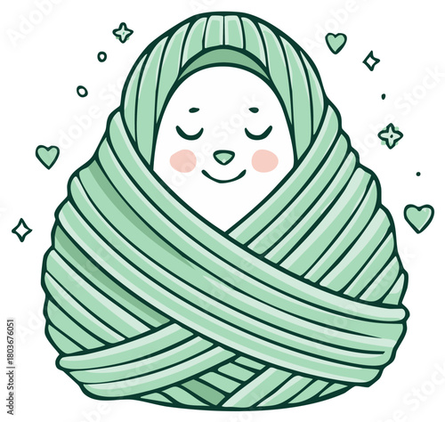 Adorable baby swaddled in a cozy green blanket with a peaceful expression and sparkling hearts.