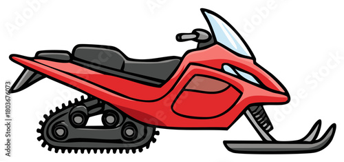 Vibrant red snowmobile cartoon illustration for winter sports adventure and recreation