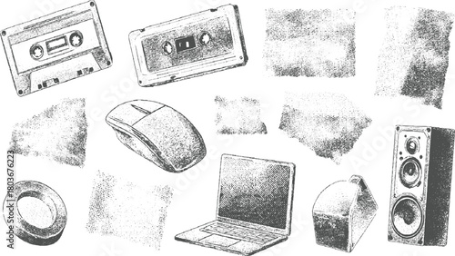 Vintage audio cassette tape computer mouse laptop speaker and textured elements vector