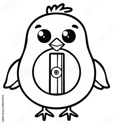 Cartoon Bird Pencil Sharpener Outline Kawaii Style Education Illustration