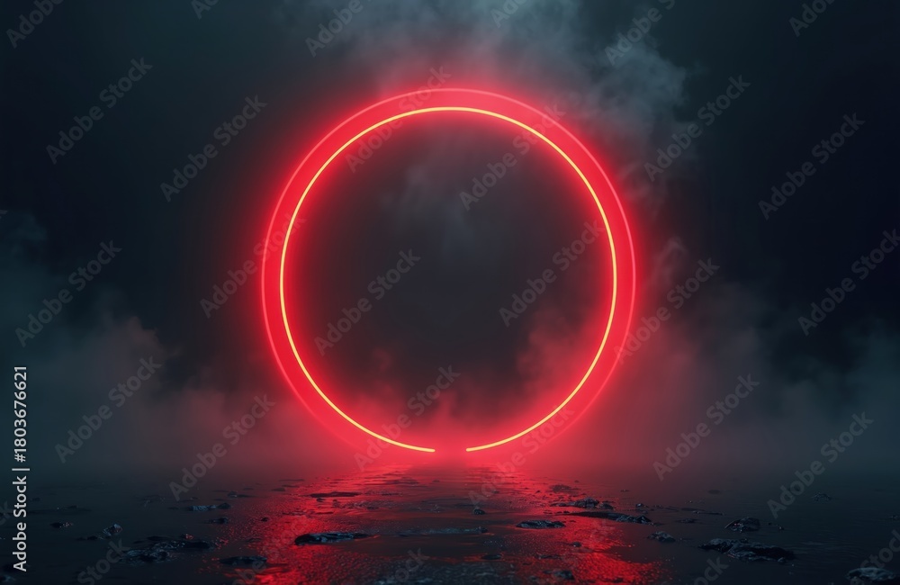 Fototapeta premium Red neon circle glows on dark wet ground with mist. Abstract glowing ring offers empty space for text overlay. Futuristic design element, digital art, mysterious atmosphere.