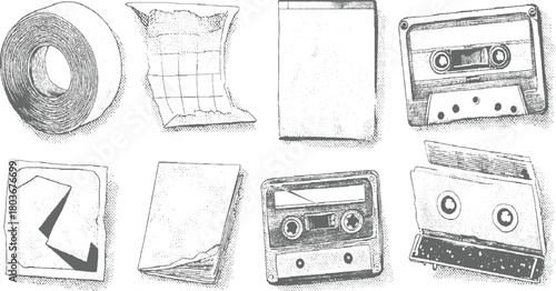 Vintage cassette tapes and office supplies in a retro sketch style roll paper