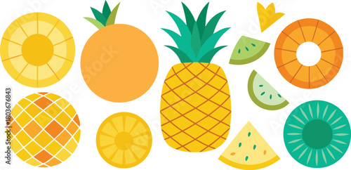 Pineapple fruit collection with slices rings and wedges flat design icon set