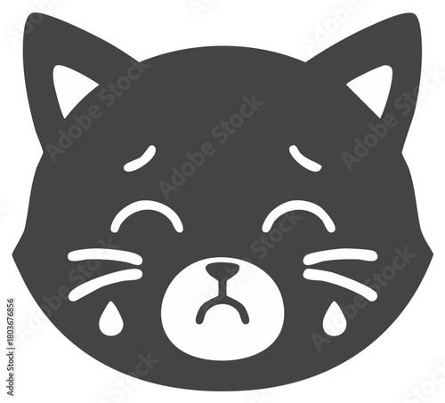Sad cartoon cat face with tears and closed eyes expression, crying cat icon design.