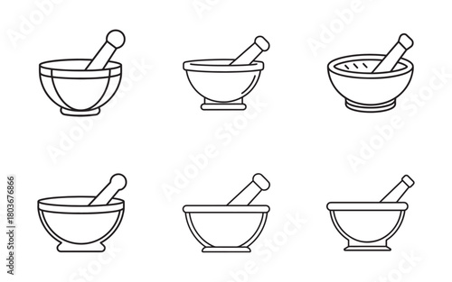 Set of Mortar and Pestle Line Icons Isolated on White Background for Culinary Herb Grinding and Pharmaceutical Preparation