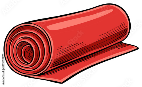 Vibrant red rolled mat carpet or yoga mat in a simple cartoon illustration style