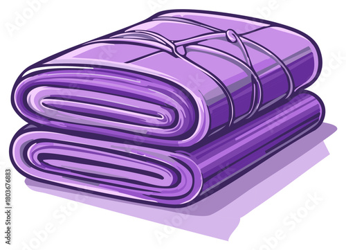Stack of two purple rolled textiles or towels tied with string illustration