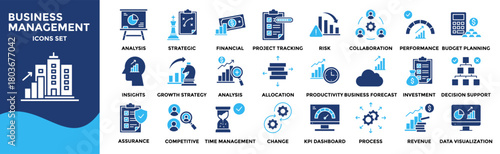 Business Management Analysis icon collection set. Containing design Management Analysis Strategic Planning, Financial Forecast, Project Tracking, Risk Assessment