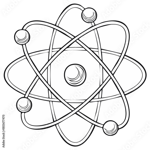 Black and white hand-drawn illustration of an atom with orbiting electrons and central nucleus.