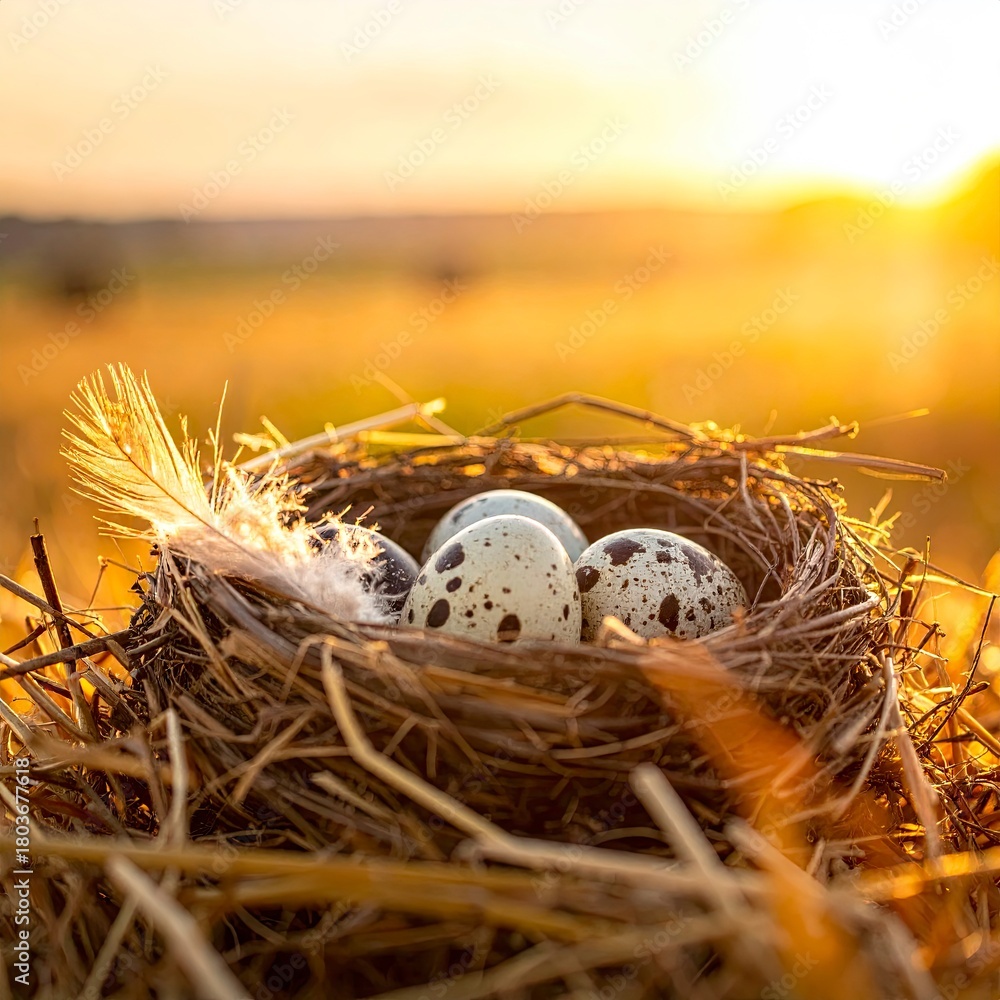 Obraz premium Quail Eggs in Nest at Sunset - A Symbol of New Beginnings.
