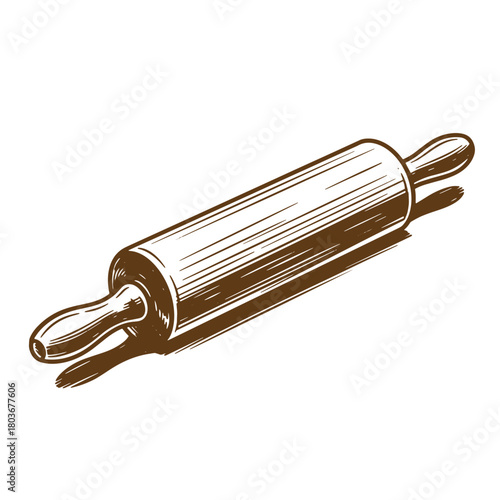 Hand drawn sketch style illustration of a classic wooden rolling pin for kitchen use