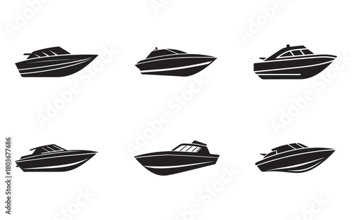 Set of six boats silhouette vector illustration for water transportation and recreation themes with boat types and leisure activities