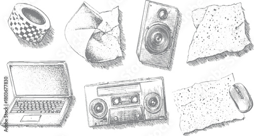 Vintage audio speaker laptop cassette tape boombox computer mouse and tape roll illustration vector