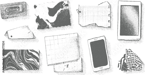 Collection of retro and modern objects including cassette tape smartphone tablet paper and marble pattern