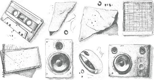 Vintage cassette tape computer mouse and audio speakers in stippled illustration style vector