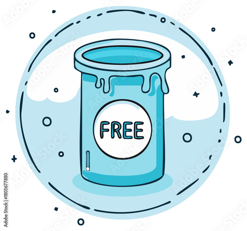 Vector illustration with a blue paint can, that says free in a white circle.