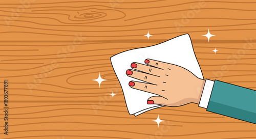 Hand cleaning wooden surface, wiping with cloth, cartoon style, hygiene concept, sparkle effect, cleanliness, polish, table, teal sleeve, red nails