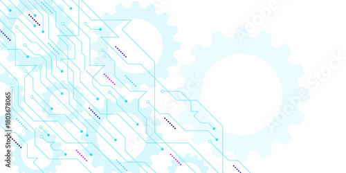 Circuit board technology texture background. Motherboard with connecting dots lines and gears. Suitable for software coding, digital connection and Artificial Intelligence. Vector