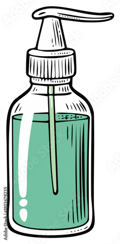 Hand drawn cartoon pump bottle with refreshing green liquid for hygiene and personal care