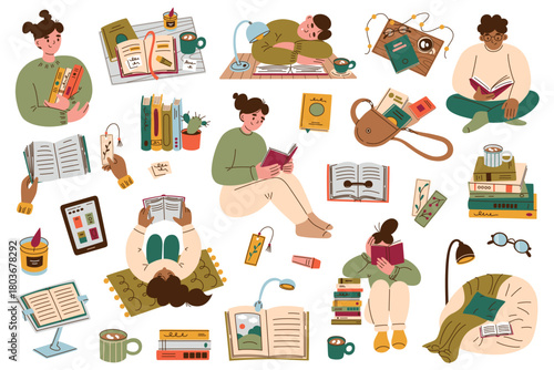 Vector illustration set with cozy reading moments and book accessories. Flat cartoon people with books in various poses, bookmarks, study scenes, stacks, cozy nooks for warm self care collection