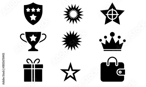 Set of graphical icons representing winning shield star cup crown gift and wallet for visual designs and marketing concepts in projects