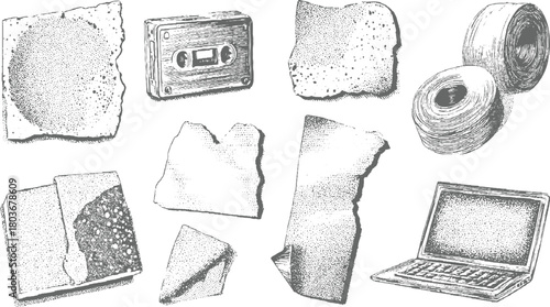 Vintage cassette tape and laptop with torn paper scraps and spools of thread audio music