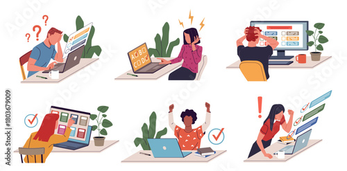 Students passing online test. People behind laptop monitors, choosing right answer, remote examination, modern school education, learning process cartoon flat isolated nowaday vector set