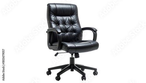Leather black office chair with tufted back on black