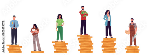Salary gap. Different incomes people stand on gold coins stacks, rich and poor, social hierarchy, financial well being, manager and employee worker, cartoon isolated nowaday vector set