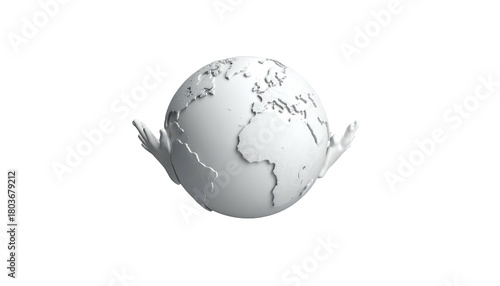 White globe with hands clutching it, isolated on black