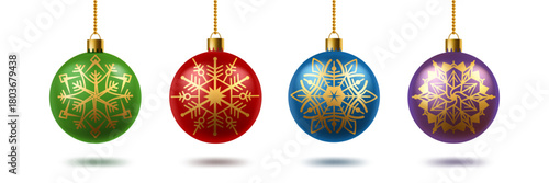 Realistic Christmas balls with snowflakes. 3d round toys different colors, gold snow symbols ornament. Xmas tree decoration isolated elements. Traditional winter holiday celebration vector set