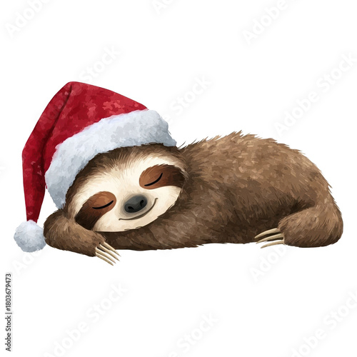 A sloth wearing a festive Santa hat and relaxing.